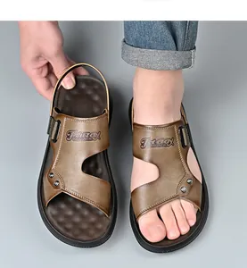 Detail view of brown men's casual sandals with dual-purpose adjustable back strap