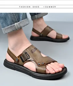Detailed side view of men's brown faux leather casual sandals featuring a non-slip rubber sole