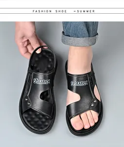 Top view of black men's summer sandals showing casual non-slip leather designer straps