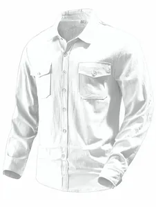 Close-up of white cotton linen men's shirt with double chest pockets and button details