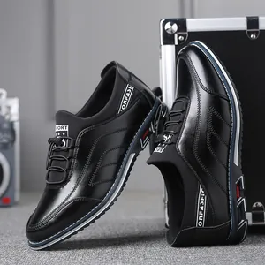 Close-up of black men's casual slip-on leather shoes featuring sleek modern textures.