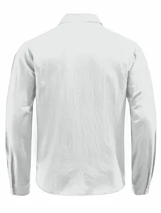 Back view of a white men's long-sleeved shirt featuring textured cotton linen fabric
