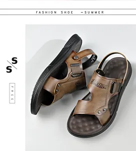 Detailed macro view of men's brown leather beach sandals with dual-purpose heel strap.