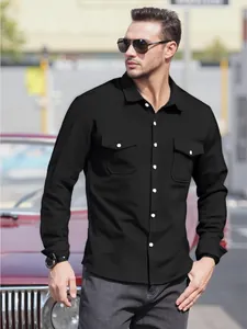 Casual men's long sleeve cotton linen shirt with double pockets and white buttons