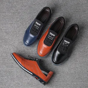Stylish slip-on men's casual leather shoes with round toe in blue, brown, and black