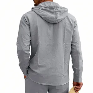 Back view of grey linen hooded long-sleeved shirt for men with visible fabric texture