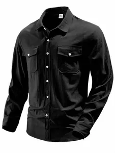 Close-up of black linen-cotton men's long-sleeve shirt with stylish double chest pockets