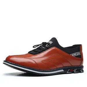 Men's casual brown leather slip-on shoes with round toe and stylish low-top design