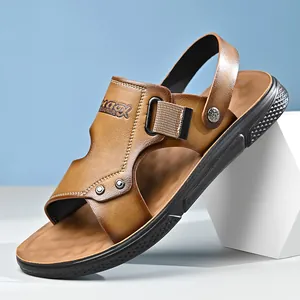 Premium brown men's leather sandals with non-slip rubber sole for summer beach.