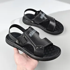 Men's casual black leather sandals featuring adjustable back strap and non-slip soles