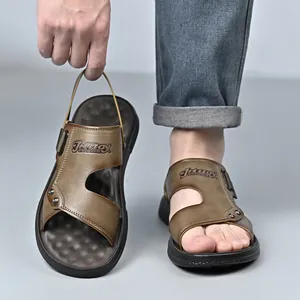 Comfortable men's casual brown leather sandals with non-slip sole for summer beach wear