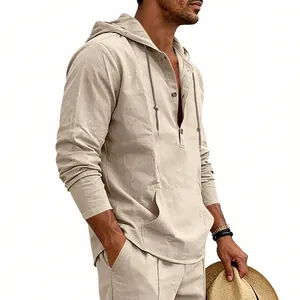 Detail side view of men's beige breathable linen hooded Henley shirt with pocket