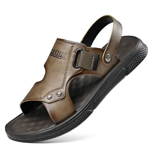 Men's casual brown leather sandals with non-slip sole for summer beach