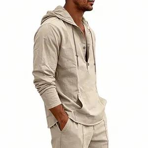 Detailed side view of a beige men's hooded henley shirt in breathable linen fabric