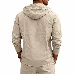 Rear view of men's breathable beige linen hooded casual shirt featuring long sleeves.