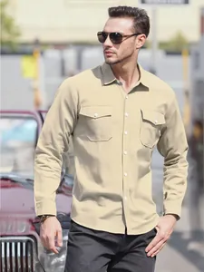 Casual men's cotton linen long sleeve shirt with double pockets in beige lifestyle