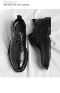 Detalle superior de zapatos Derby de cuero negro perforado y transpirable