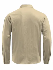 Back view of a casual men's long-sleeve cotton linen shirt in khaki sand color