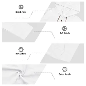 Macro views of white linen hooded Henley shirt details like neck, cuffs, hem and fabric.