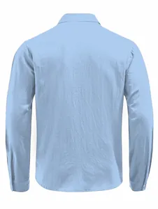 Rear view of a light blue casual long-sleeved cotton linen shirt for men's fashion