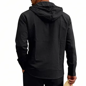 Back view of a men's black long-sleeved hooded linen shirt for breathable casual wear