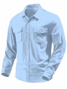 Detailed view of light blue linen-blend long sleeve shirt with double chest pockets