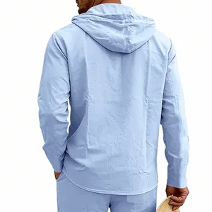 Back view of a light blue linen hooded long-sleeve shirt for men in casual style