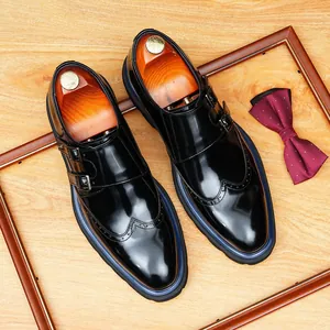 Κλασικά μαύρα δερμάτινα παπούτσια Brogue με διπλό κούμπωμα για άνδρες, επαγγελματικά