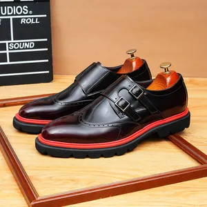 Ανδρικά δερμάτινα παπούτσια monk με σχέδια brogue και κόκκινη χοντρή σόλα