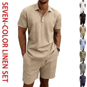 Men Summer Linen Polo Shirt And Shorts Top And Bottom American Loose Plus Size Breathable Vacation Casual Beach Outfit