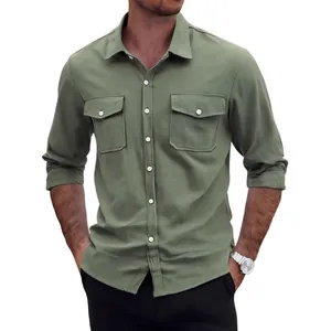 Casual olive green cotton linen long sleeve shirt for men with double pockets