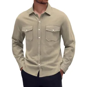 Men's casual cotton-linen long sleeve shirt with double pockets in khaki sand finish
