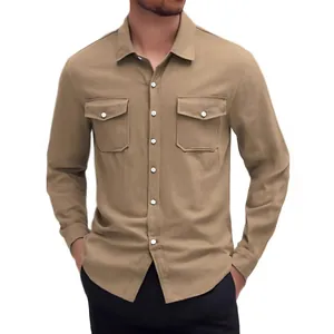 Casual men's cotton linen long-sleeved shirt with double chest pockets in khaki color
