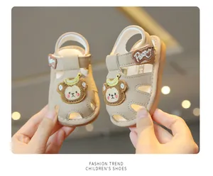 Cute beige cartoon monkey baby walking sandals with protective anti-slip closed toe
