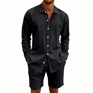 Ensemble décontracté en lin noir pour homme avec chemise à manches longues et short plage