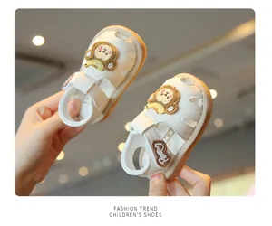 White toddler sandals featuring cute cartoon bear and soft non-slip soles for walking