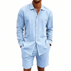 Ensemble de plage professionnel en lin bleu clair pour homme avec chemise et short