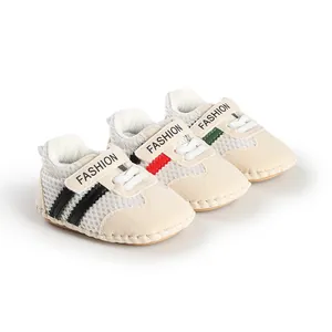 Detailed view of breathable striped baby walking shoes with soft non-slip soles