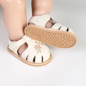 White embroidered baby sandals with soft anti-slip sole for infant girls walking shoes