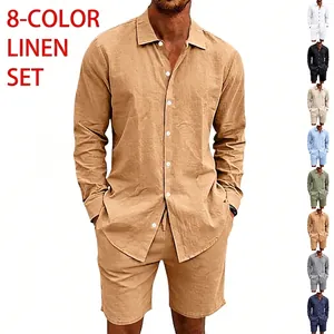 Ensemble Décontracté en Lin et Polyester pour Hommes Chemise à Manches Longues et Short de Plage Top And Bottom Été Revers