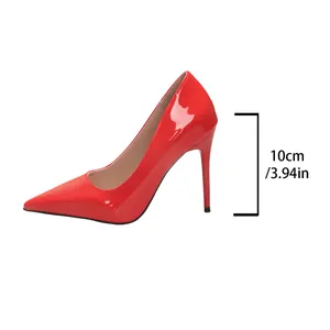 Detailed view of the 10cm stiletto heel on these red patent leather pumps