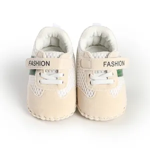 Close-up of breathable baby walking shoes with striped pattern and soft sole detail