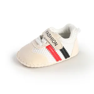 Detailed view of breathable baby walking shoe with soft sole and striped design