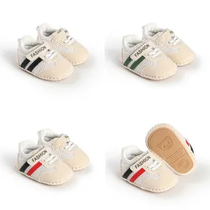 Infant Baby First Walkers Shoes Soft Sole Anti-Slip Breathable Mesh Striped Pattern Hook and Loop Pre-walking Shoes For 0-1 Year
