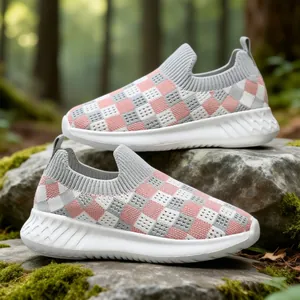 Scarpe slip-on traspiranti in maglia a scacchi per bambini e bambine in rosa e grigio