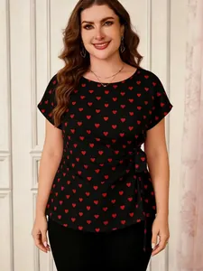 Women Plus Size Heart Print T-Shirt Crew Neck Side Tie Knot Short Sleeve Polyester Summer Casual Slimming Top