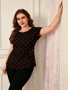Plus size black short sleeve top with red heart print and side waist tie design.
