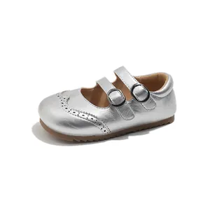 Metallic silver girls Mary Jane shoes with decorative brogue perforations for kids