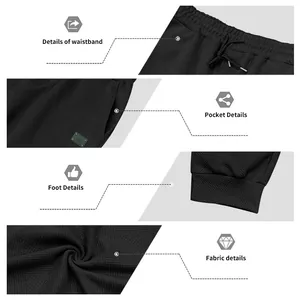 Vista detallada de la cintura, bolsillo, puño y tejido texturizado del pantalón negro