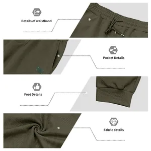 Detalles de joggers verde oliva texturizados con cinturilla, bolsillos y tejido.